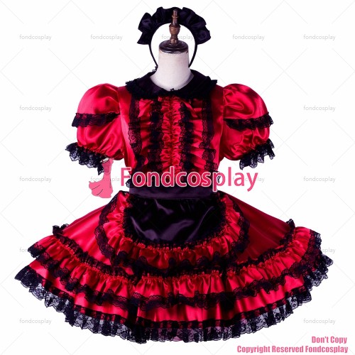 fondcosplay adult sexy cross dressing sissy maid short red satin dress lockable Uniform black apron costume CD/TV[G2200]