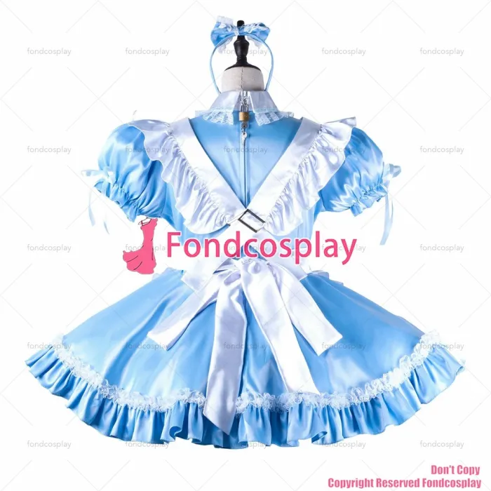 fondcosplay adult sexy cross dressing sissy maid baby blue satin dress lockable Uniform white apron costume CD/TV[G2221]