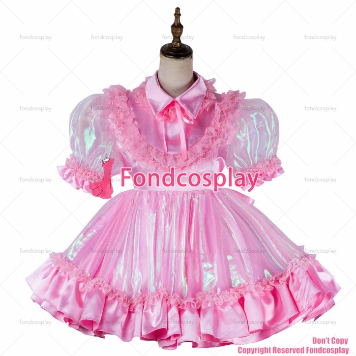 fondcosplay adult sexy cross dressing sissy maid short lockable Baby pink Satin Organza dress Outfit CD/TV[G2019]