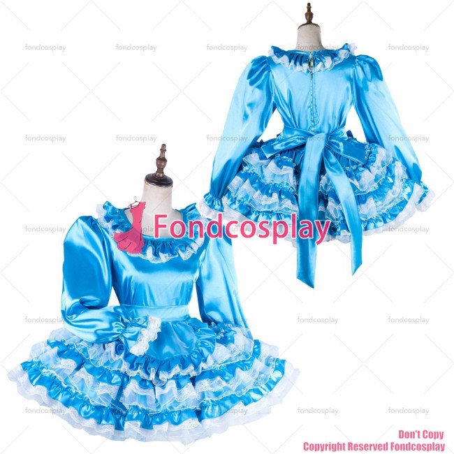 fondcosplay adult sexy cross dressing sissy maid short lockable blue Satin Organza dress Uniform apron CD/TV[G2016]