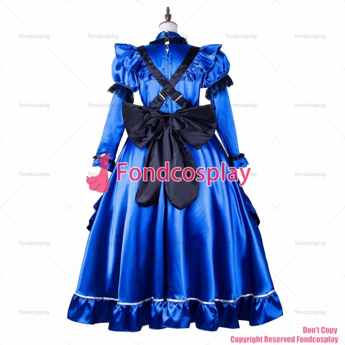 fondcosplay adult sexy cross dressing sissy maid long blue satin dress lockable Uniform black apron costume CD/TV[G2162]
