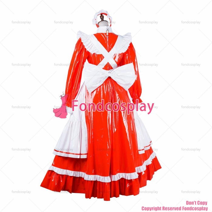 fondcosplay adult sexy cross dressing sissy maid long lockable Orange thin PVC vinyl dress white apron CD/TV[G1804]