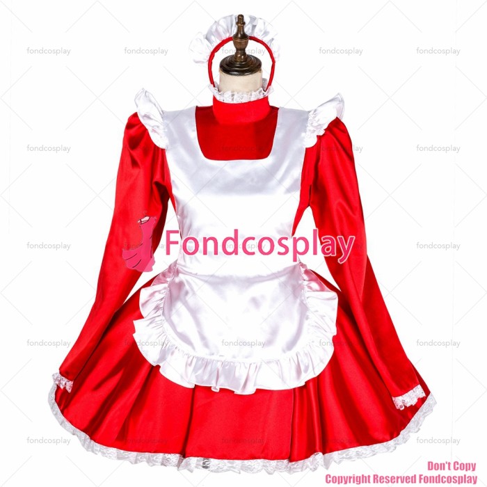 fondcosplay adult sexy cross dressing sissy maid short lockable red satin dress Uniform white apron costume CD/TV[G1793]