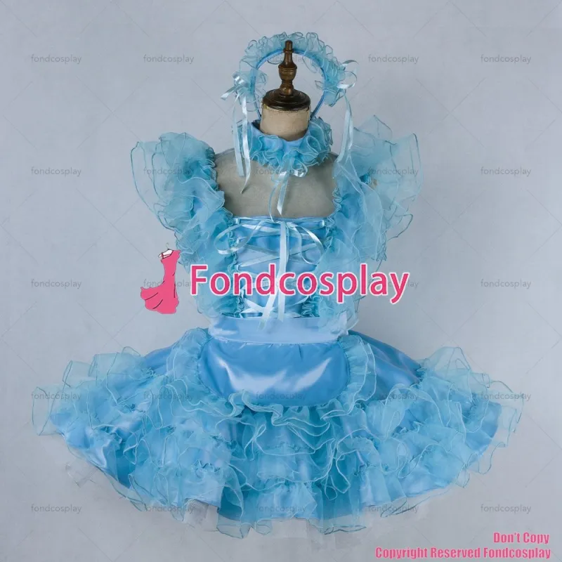 fondcosplay adult sexy cross dressing sissy maid short lockable blue Satin Organza dress Outfit apron CD/TV[G2021]