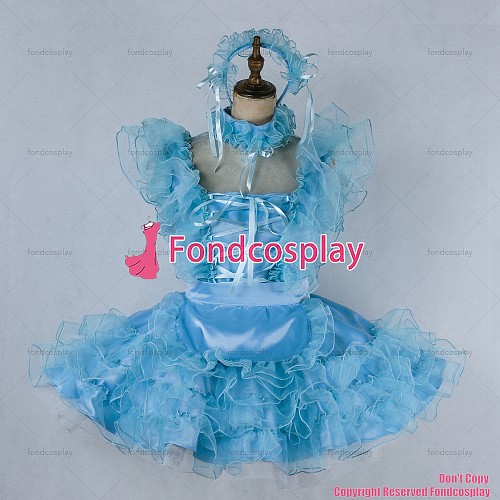 fondcosplay adult sexy cross dressing sissy maid short lockable blue Satin Organza dress Outfit apron CD/TV[G2021]