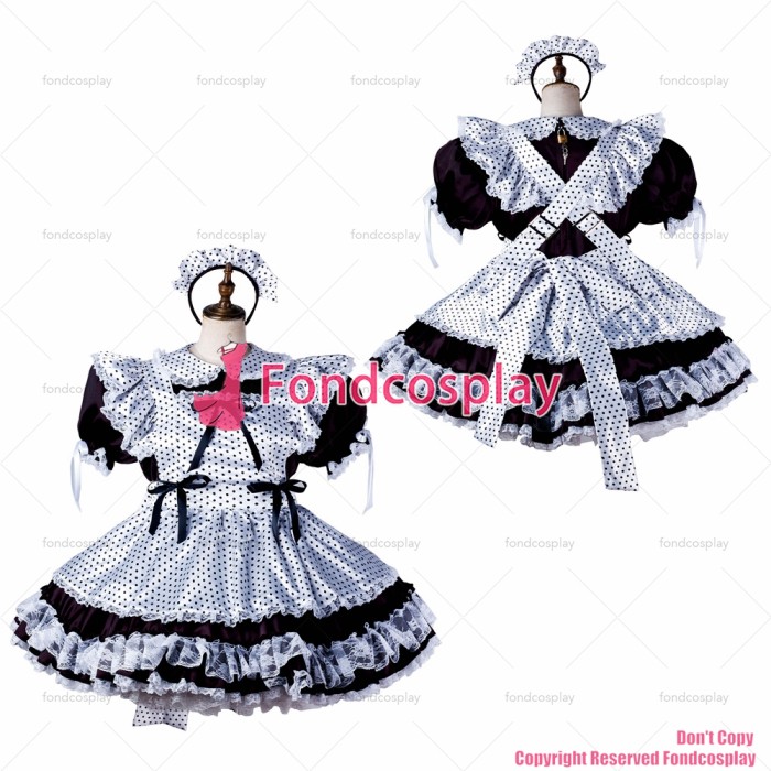 fondcosplay adult sexy cross dressing sissy maid black satin dress lockable Uniform white Dots apron costume CD/TV[G2204]