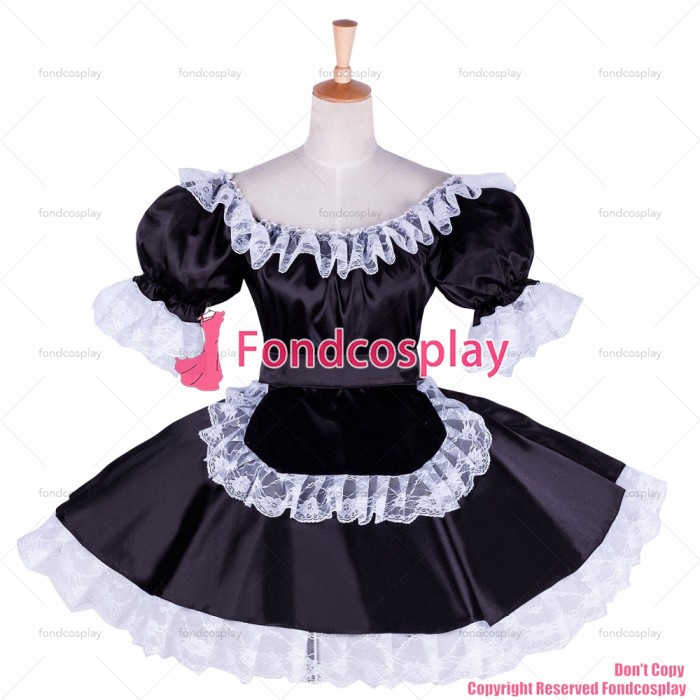 fondcosplay adult sexy cross dressing sissy maid short black satin lockable dress Uniform apron costume CD/TV[G1758]