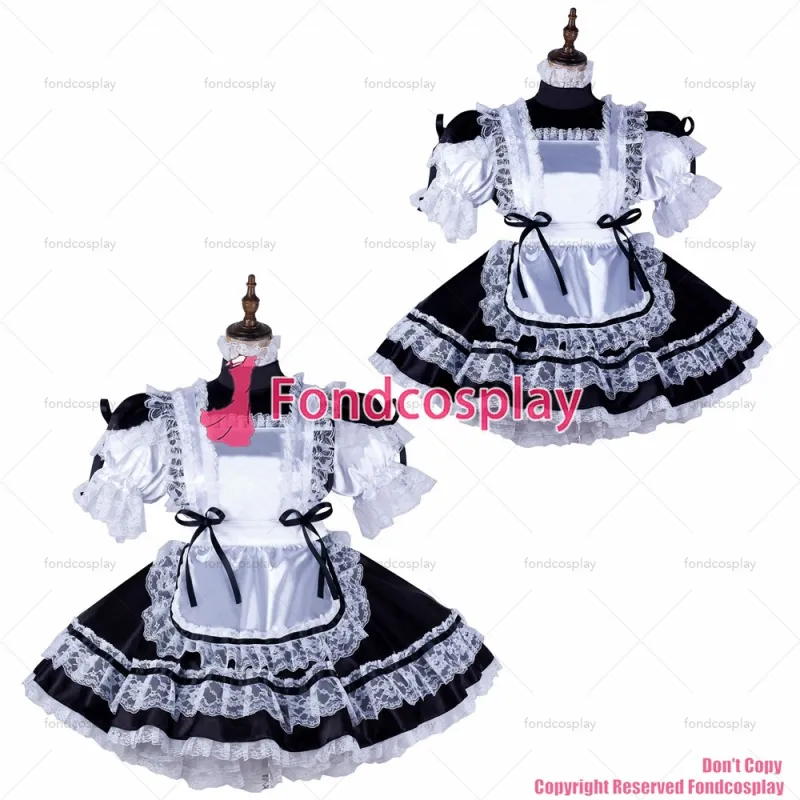 fondcosplay adult sexy cross dressing sissy maid short black satin dress lockable Uniform white apron costume CD/TV[G2165]