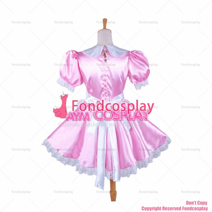 fondcosplay adult sexy cross dressing sissy maid short baby pink satin pink dress lockable Peter Pan collar CD/TV[G192]