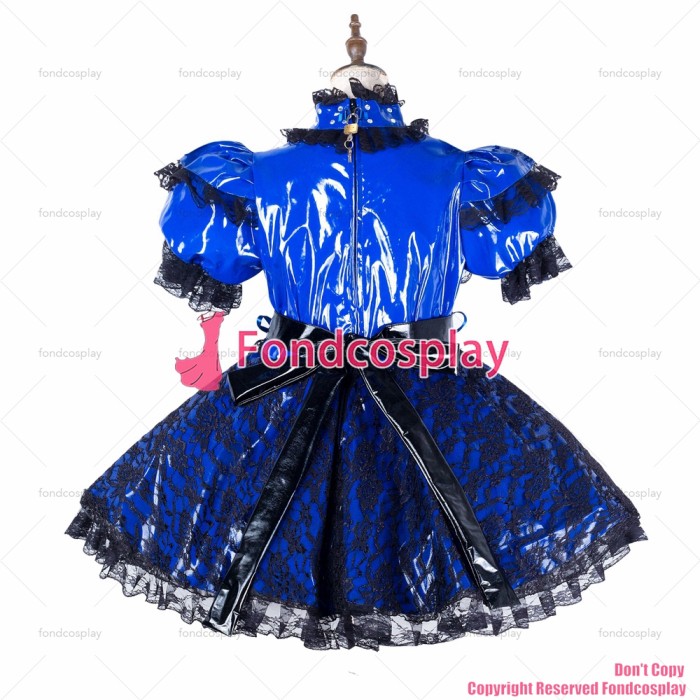 fondcosplay adult sexy cross dressing sissy maid blue heavy pvc dress lockable Uniform black apron costume CD/TV[G2142]