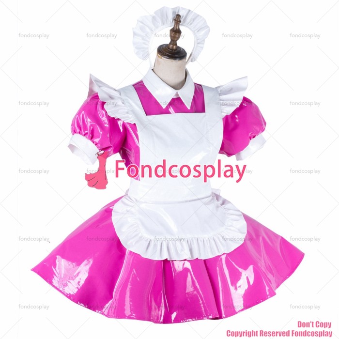fondcosplay adult sexy cross dressing sissy maid lockable hot pink thin PVC dress vinyl Uniform white apron CD/TV[G2008]