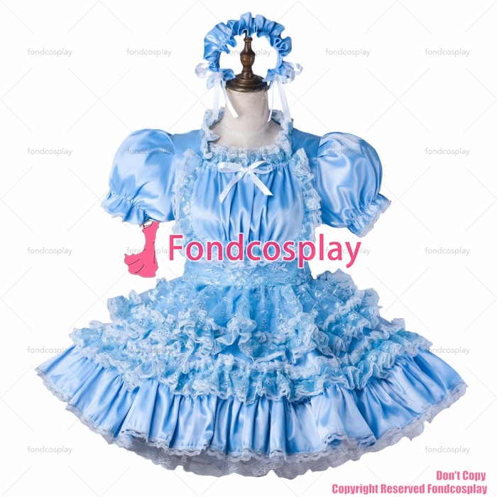 fondcosplay adult sexy cross dressing sissy maid short baby blue satin dress lockable Uniform apron costume CD/TV[G2206]