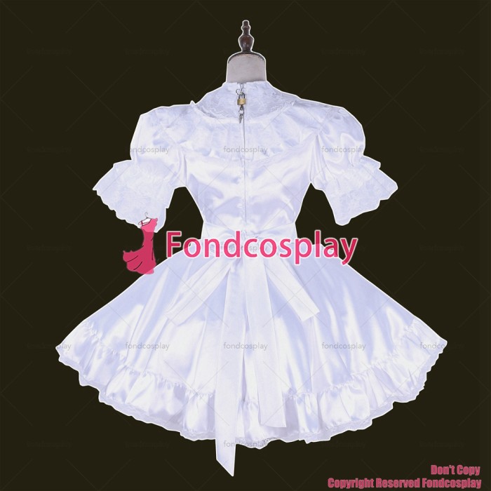 fondcosplay adult sexy cross dressing sissy maid short lockable white Satin dress Uniform apron costume CD/TV[G1659]