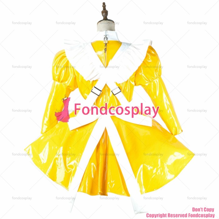 fondcosplay adult sexy cross dressing sissy maid yellow thin pvc dress lockable Uniform white apron costume CD/TV[G2144]