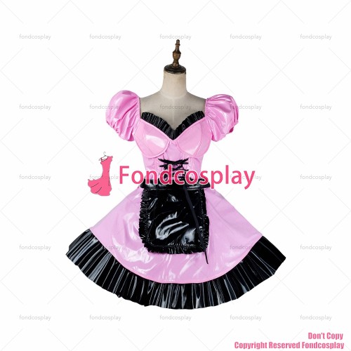 fondcosplay adult sexy cross dressing sissy maid baby pink thin pvc dress lockable Uniform black apron CD/TV[G2182]