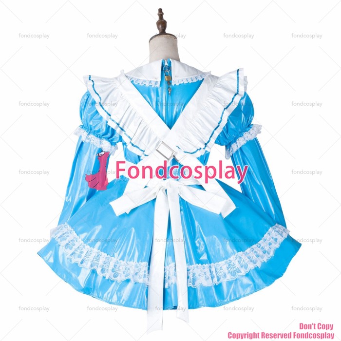 fondcosplay cross dressing sissy maid short blue thin pvc dress lockable white apron Uniform Peter pan collar CD/TV[G2164]
