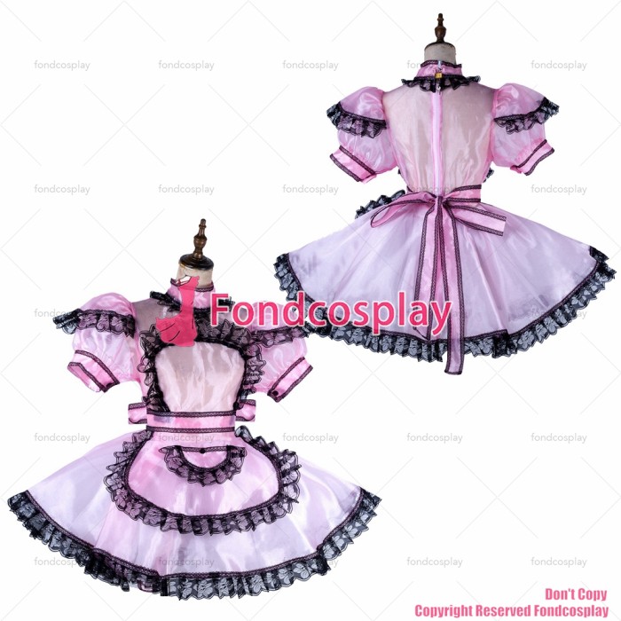 fondcosplay adult sexy cross dressing sissy maid lockable baby pink Organza dress see through Outfit apron CD/TV[G2015]