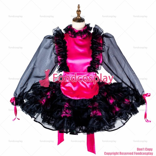 fondcosplay adult sexy cross dressing sissy maid short lockable black hot pink Satin Organza dress apron CD/TV[G2009]