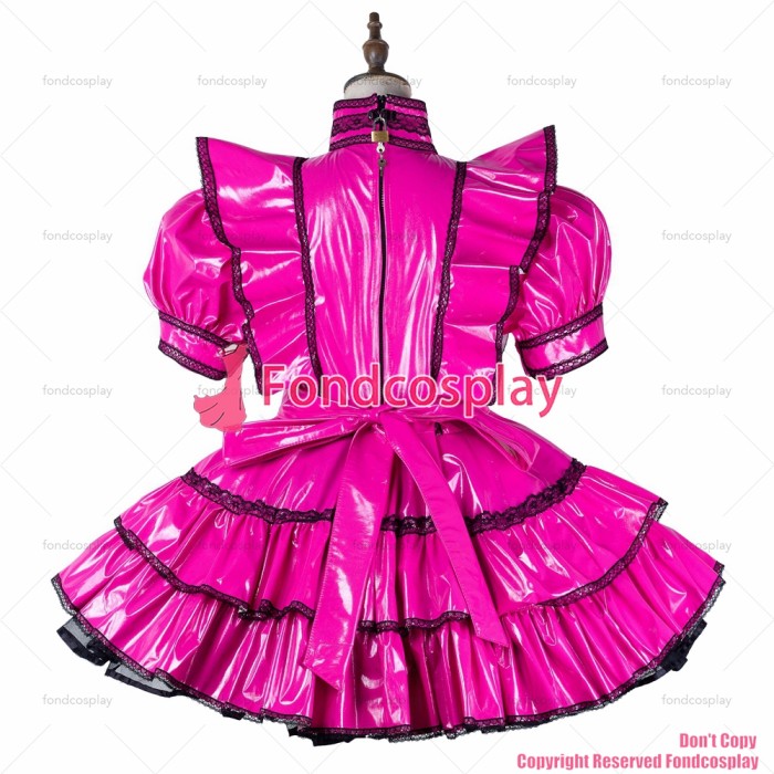 fondcosplay adult sexy cross dressing sissy maid short hot pink thin pvc dress lockable Uniform costume CD/TV[G2166]
