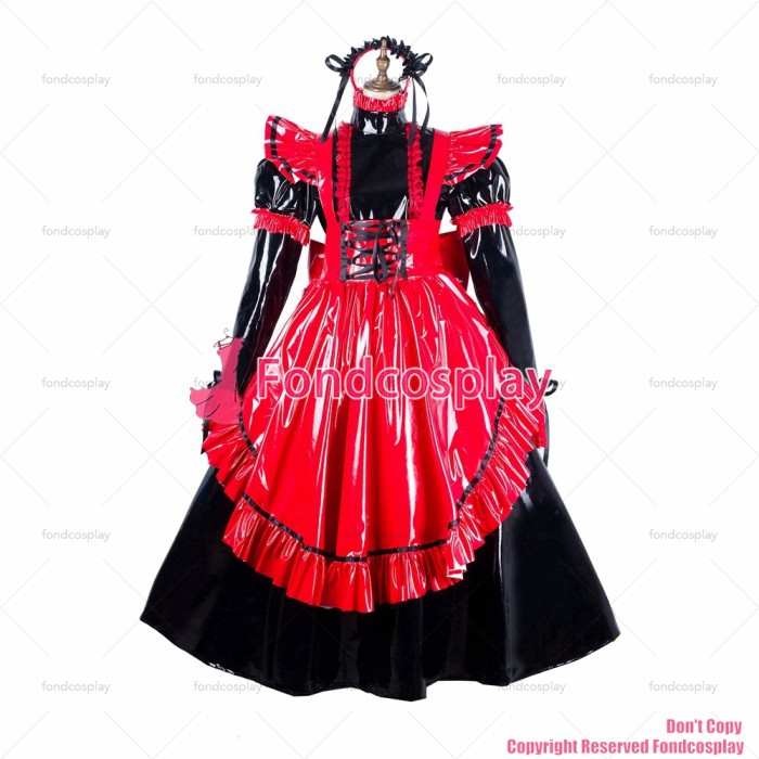 fondcosplay adult cross dressing sissy maid long black thin pvc dress lockable Uniform red apron costume CD/TV[G2176]