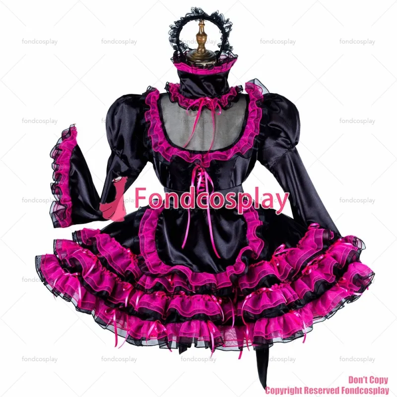 fondcosplay adult sexy cross dressing sissy maid short lockable black satin hot pink Organza dress Uniform CD/TV[G1989]