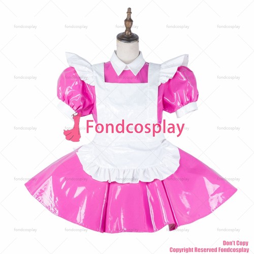 fondcosplay adult sexy cross dressing sissy maid short hot pink thin pvc dress lockable Uniform white apron CD/TV[G2138]