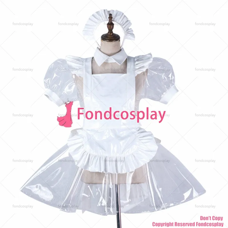 fondcosplay adult sexy cross dressing sissy maid short clear pvc dress lockable Uniform white apron costume CD/TV[G2191]