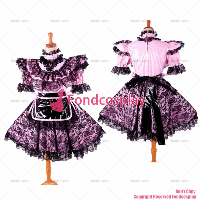 fondcosplay adult sexy cross dressing sissy maid baby pink thin pvc dress lockable Uniform black apron CD/TV[G2116]