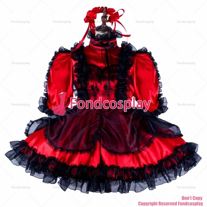 fondcosplay adult sexy cross dressing sissy maid short red satin dress black organza lockable Uniform costume CD/TV[G2131]