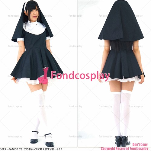fondcosplay adult sexy cross dressing sissy maid short black cotton dress lockable Uniform headpiece costume CD/TV[G2224]