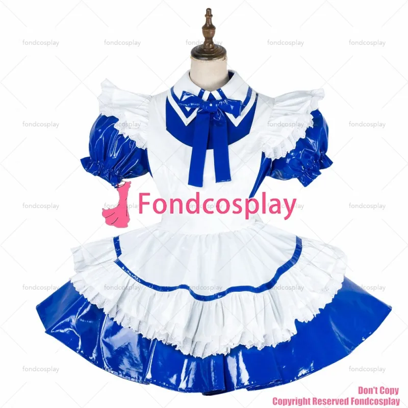 fondcosplay adult sexy cross dressing sissy maid lockable blue thin PVC dress vinyl Uniform white apron CD/TV[G1991]