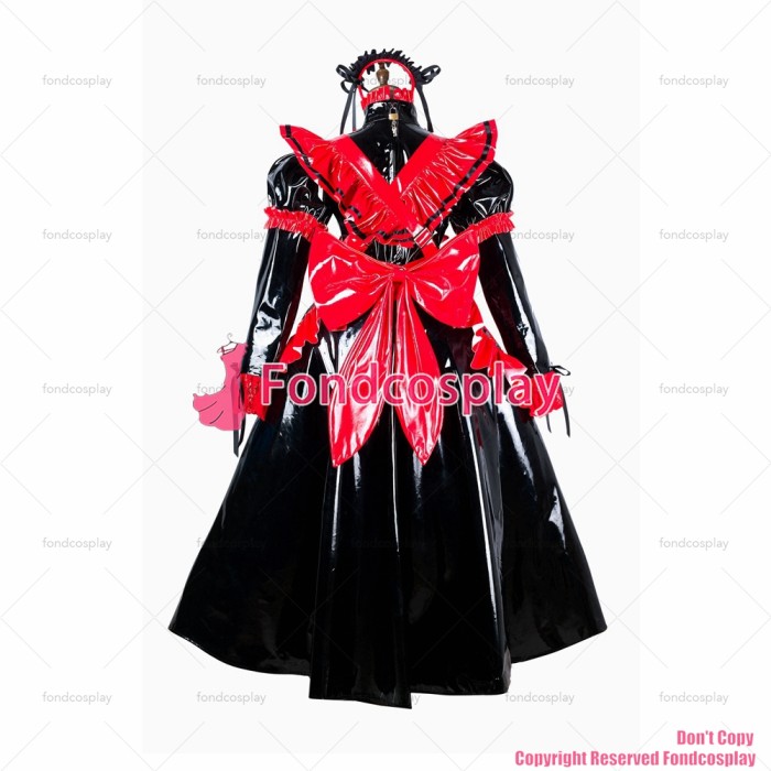fondcosplay adult cross dressing sissy maid long black thin pvc dress lockable Uniform red apron costume CD/TV[G2176]