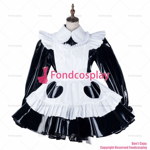 fondcosplay adult sexy cross dressing sissy maid black heavy pvc dress lockable peter pan collar white heart CD/TV[G2170]