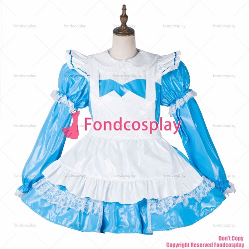 fondcosplay cross dressing sissy maid short blue thin pvc dress lockable white apron Uniform Peter pan collar CD/TV[G2164]