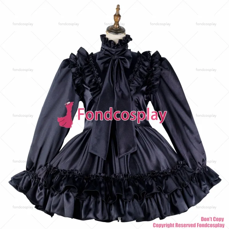 fondcosplay adult sexy cross dressing sissy maid short black satin dress lockable Uniform cosplay costume CD/TV[G2143]
