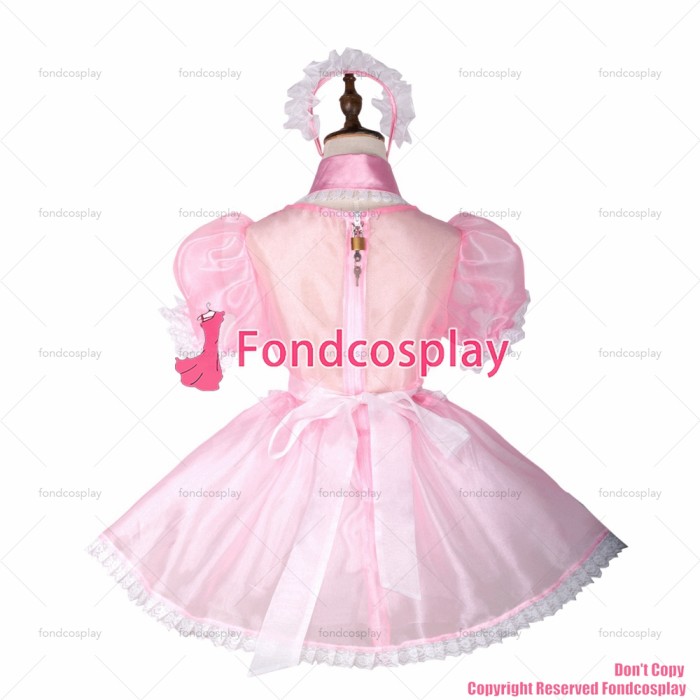 fondcosplay adult sexy cross dressing sissy maid short baby pink Organza lockable dress apron costume CD/TV[G1781]