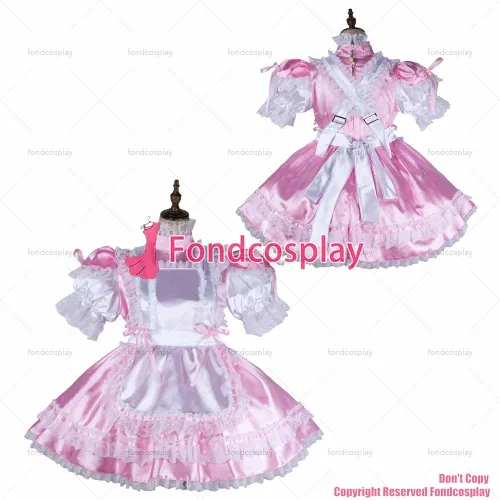 fondcosplay adult sexy cross dressing sissy maid baby pink satin dress lockable Uniform white apron costume CD/TV[G2145]