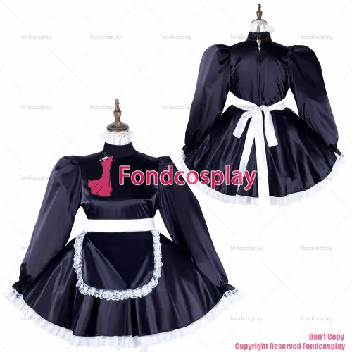 fondcosplay adult sexy cross dressing sissy maid short black satin dress lockable Uniform apron costume CD/TV[G2133]