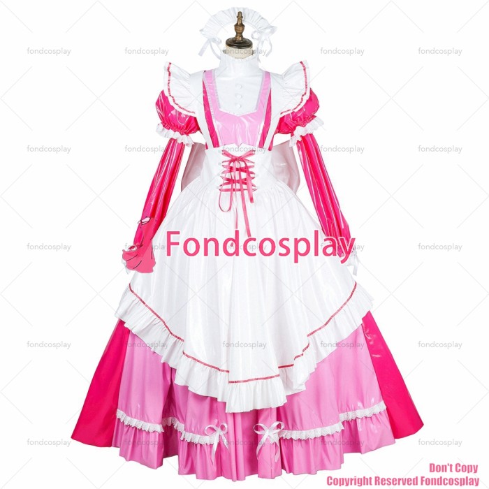 fondcosplay adult sexy cross dressing sissy maid long lockable hot pink thin PVC vinyl dress white apron CD/TV[G1791]