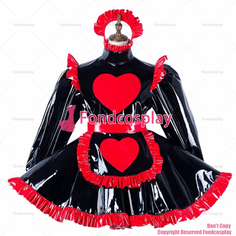 fondcosplay adult sexy cross dressing sissy maid black heavy pvc dress lockable Uniform Heart apron costume CD/TV[G2193]
