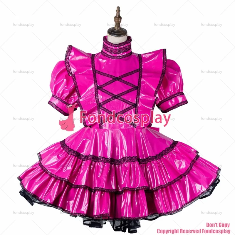 fondcosplay adult sexy cross dressing sissy maid short hot pink thin pvc dress lockable Uniform costume CD/TV[G2166]