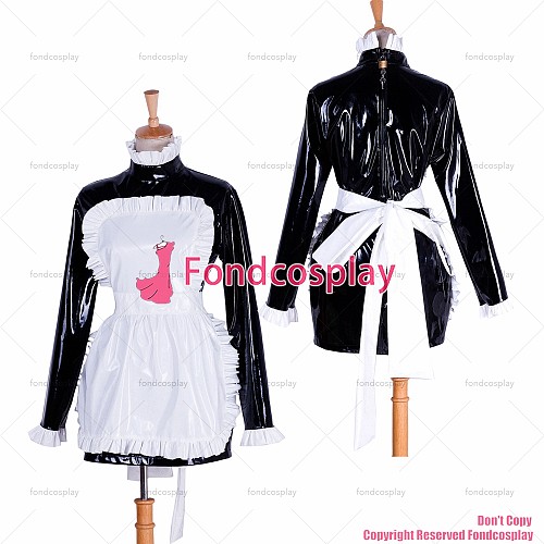 fondcosplay adult sexy cross dressing sissy maid lockable black heavy PVC dress Uniform white apron costume CD/TV[G1743]
