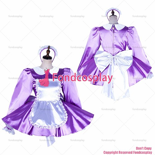 fondcosplay cross dressing sissy maid short Lilac satin dress lockable Uniform white apron Peter Pan collar CD/TV[G2036]