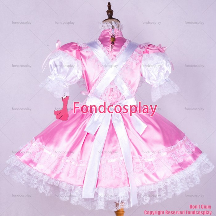 fondcosplay adult sexy cross dressing sissy maid short baby pink satin dress lockable Uniform white apron CD/TV[G1745]