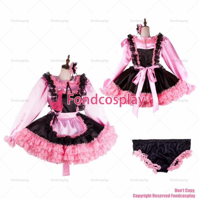 fondcosplay adult sexy cross dressing sissy maid short black satin dress lockable Uniform pink apron costume CD/TV[G2121]