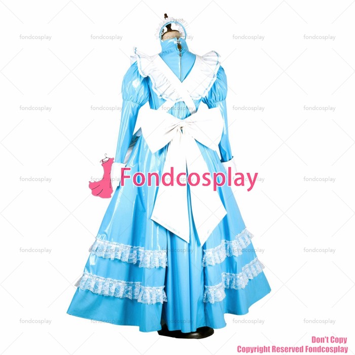 fondcosplay sexy cross dressing sissy maid long lockable baby blue thin PVC vinyl dress Uniform white apron CD/TV[G1805]
