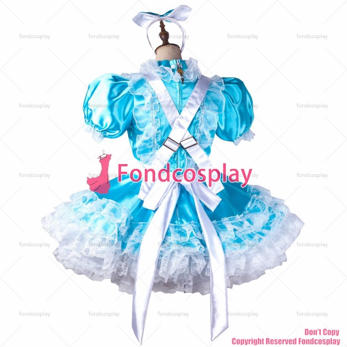 fondcosplay adult sexy cross dressing sissy maid short blue satin dress lockable Uniform white apron costume CD/TV[G2118]
