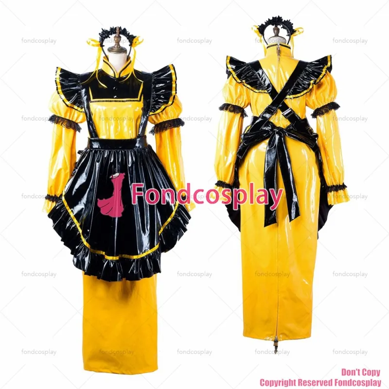fondcosplay adult sexy cross dressing sissy maid long yellow thin pvc dress lockable Uniform black apron CD/TV[G2199]