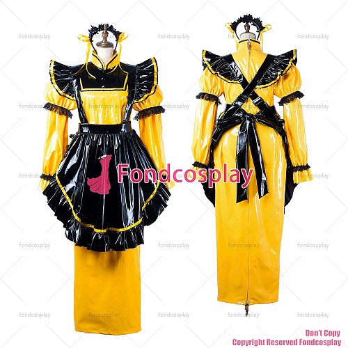 fondcosplay adult sexy cross dressing sissy maid long yellow thin pvc dress lockable Uniform black apron CD/TV[G2199]
