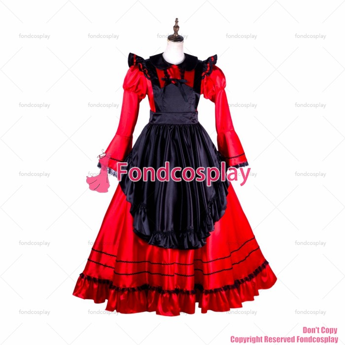 fondcosplay adult sexy cross dressing sissy maid long lockable red Satin dress Uniform black apron costume CD/TV[G2005]